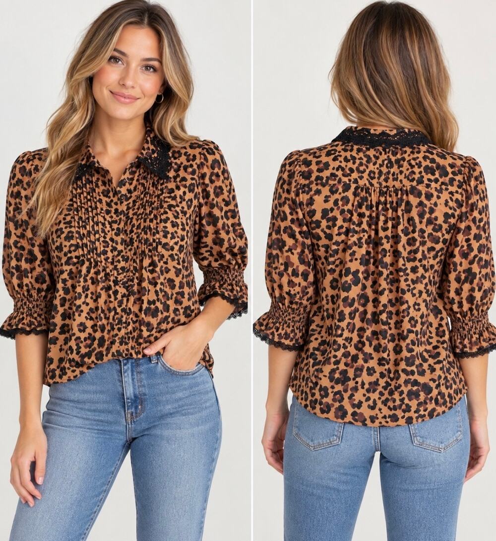 Democracy Leopard Print Lace Collar Puff Sleeve Blouse Cottagecore Size L